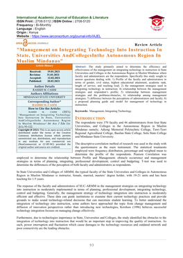 Management on Integrating Technology Into Instruction in State, Universities Andcollegesinthe Autonomous Region in Muslim Mindanao