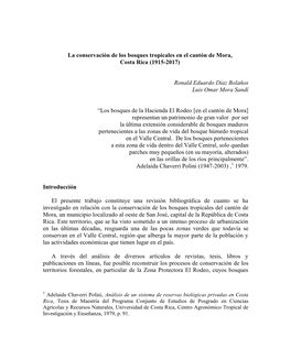 La Conservación De Los Bosques Tropicales En El Cantón De Mora, Costa Rica (1915-2017)