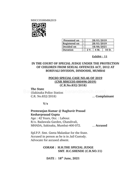 In the Court of Special Judge Under the Protection of Children from Sexual Offences Act, 2012 at Borivali Division, Dindoshi, Mumbai