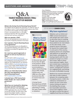 TOURIST ROOMING HOUSES (Trhs) Phone: (608) 266-4551 in the CITY of MADISON Web: Cityofmadison.Com/Trh Email: Zoningtrh@Cityofmadison.Com