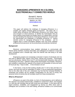 MANAGING Epresence in a GLOBAL ELECTRONICALLY CONNECTED WORLD