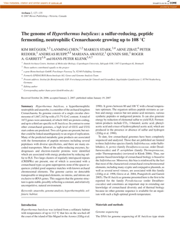 The Genome of Hyperthermus Butylicus: a Sulfur-Reducing, Peptide Fermenting, Neutrophilic Crenarchaeote Growing up to 108 °C