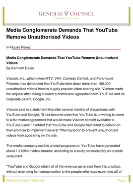 Media Conglomerate Demands That Youtube Remove Unauthorized Videos