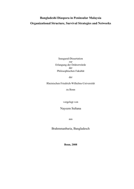 Bangladeshi Diaspora in Peninsular Malaysia Organizational Structure, Survival Strategies and Networks