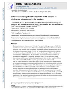 Differential Binding of Antibodies in PANDAS Patients to Cholinergic Interneurons in the Striatum