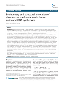 Evolutionary and Structural Annotation of Disease-Associated Mutations in Human Aminoacyl-Trna Synthetases Manish Datt and Amit Sharma*