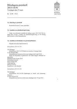 Snabbprotokoll 2013/14:91, Torsdagen Den 27 Mars-Kl. 12.00