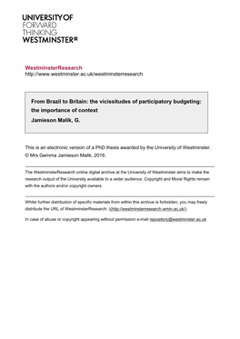 The Vicissitudes of Participatory Budgeting: the Importance of Context Jamieson Malik, G