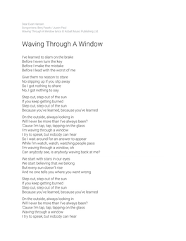 Waving Through a Window Lyrics © Kobalt Music Publishing Ltd