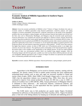 Economic Analysis of Milkfish Aquaculture in Southern Negros Occidental, Philippines