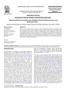 KNOCKOUT MOUSE MODELS for HUMAN DISEASES Muhammad Nazir, Suruchika Gaur, Abdallah Alsaadi, Mahmoud Yasser and Mohammed Saif