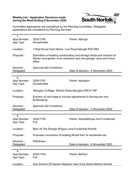 Application Decisions Made During the Week Ending 6 November 2020