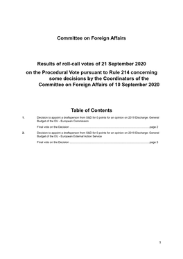 Committee on Foreign Affairs Results of Roll-Call Votes of 21 September 2020 on the Procedural Vote Pursuant to Rule 214 Concer