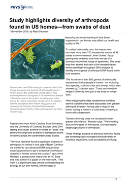 Study Highlights Diversity of Arthropods Found in US Homes—From Swabs of Dust 1 November 2016, by Matt Shipman