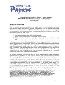 Gendered Analysis of the Working for Water Programme: a Case Study of the Tsitsikama Working for Water Project Mastoera Sadan1