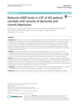 Reduced Cgmp Levels in CSF of AD Patients Correlate with Severity Of