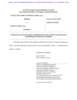 Intervenor Defendant State of Ohio's Opposition to Plaintiffs