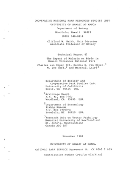 COOPERATIVE NATIONAL PARK RESOURCES STUDIES UNIT UNIVERSITY of HAWAII at MANOA Department of Botany Honolulu, Hawaii 96822 (808) 948-8218