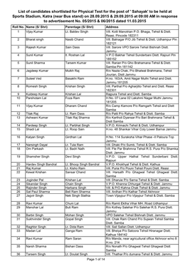 List of Candidates Shortlisted for Physical Test for the Post of ' Sahayak'
