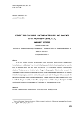 Identity and Discursive Practices of Friulians and Slovenes in the Province of Udine, Italy, in Recent Decades