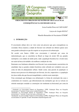 Crescimento Urbano Do Município De Gravatá E Suas Consequências Na Sociedade Local