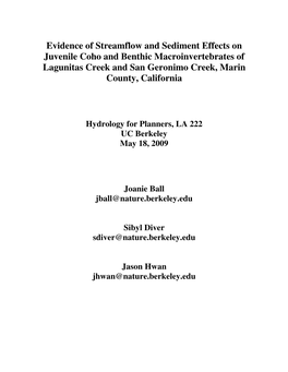 Evidence of Streamflow and Sediment Effects on Juvenile Coho and Benthic Macroinvertebrates of Lagunitas Creek and San Geronimo Creek, Marin County, California