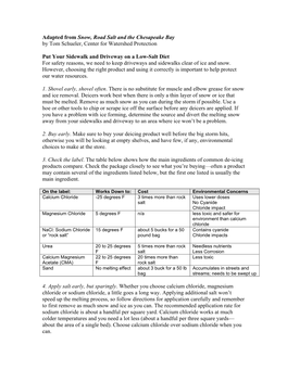 Adapted from Snow, Road Salt and the Chesapeake Bay by Tom Schueler, Center for Watershed Protection Put Your Sidewalk and Drive