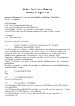 Blisland Parish Council Meeting Thursday 14 August 2014