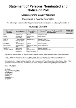 Hinckley and Bosworth Nominated Candidates
