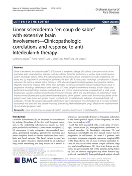 Linear Scleroderma “En Coup De Sabre” with Extensive Brain Involvement—Clinicopathologic Correlations and Response to Anti- Interleukin-6 Therapy Cynthia M