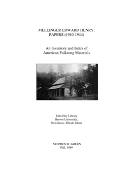 Mellinger Edward Henry: Papers (1910-1944)