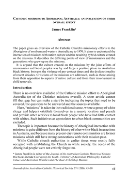 Catholic Missions to Aboriginal Australia: an Evaluation of Their Overall Effect