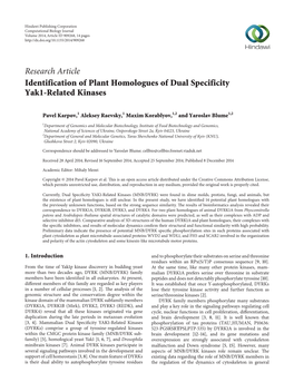 Research Article Identification of Plant Homologues of Dual Specificity Yak1-Related Kinases