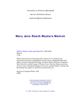 Mary Jane Roach Masters Memoir