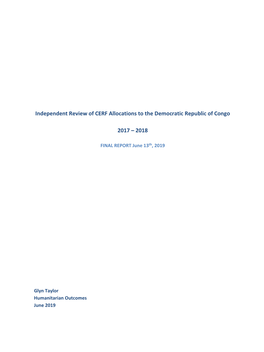 DEMOCRATIC REPUBLIC of the CONGO (DRC) Terms of Reference - 12 September 2018