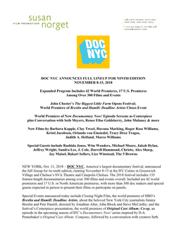 Doc Nyc Announces Full Lineup for Ninth Edition November 8-15, 2018