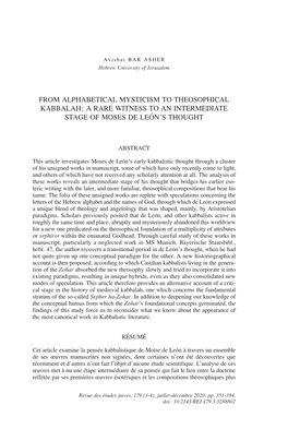 From Alphabetical Mysticism to Theosophical Kabbalah: a Rare Witness to an Intermediate Stage of Moses De León’S Thought