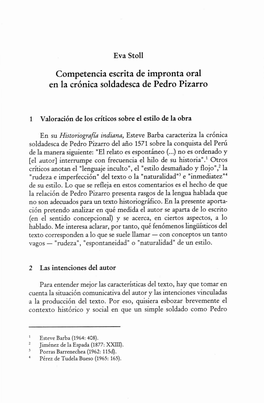 Competencia Escrita De Impronta Oral En La Crónica Soldadesca De Pedro Pizarro