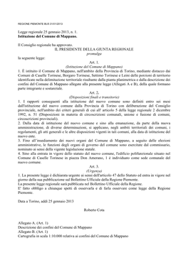 Legge Regionale 25 Gennaio 2013, N. 1. Istituzione Del Comune Di Mappano