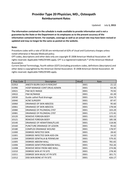 Provider Type 20 Physician, MD., Osteopath Reimbursement Rates