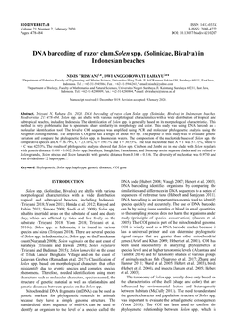DNA Barcoding of Razor Clam Solen Spp.(Solinidae, Bivalva) In