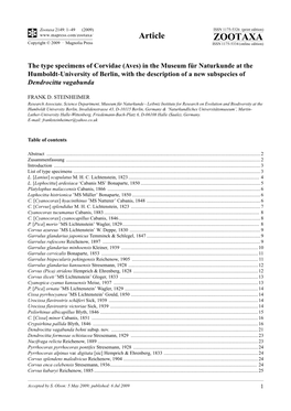 Zootaxa, the Type Specimens of Corvidae (Aves) In