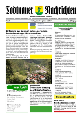 Ausgabe Todtnauer Nachrichten Vom 06.09.2019 Nr. 36