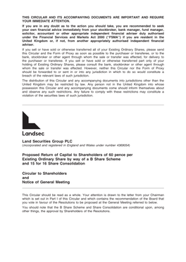 Land Securities Group PLC Proposed Return of Capital to Shareholders of 60 Pence Per Existing Ordinary Share by Way of a B Share