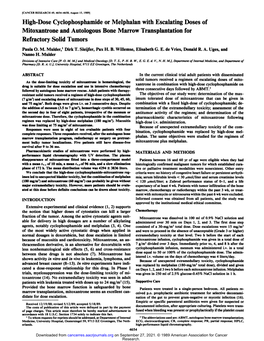 High-Dose Cyclophosphamide Or Melphalan with Escalating Doses of Mitoxantrone and Autologous Bone Marrow Transplantation for Refractory Solid Tumors Paula O