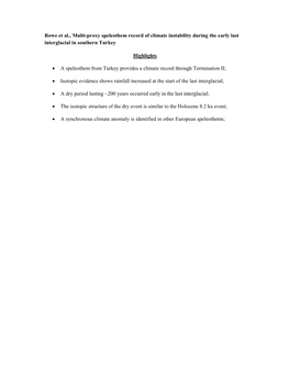 Rowe Et Al., Multi-Proxy Speleothem Record of Climate Instability During the Early Last Interglacial in Southern Turkey