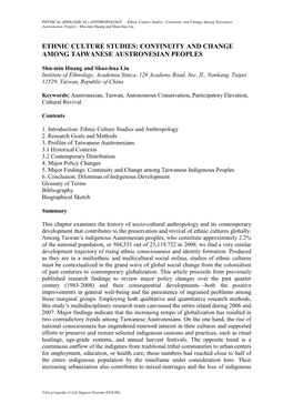 Ethnic Culture Studies: Continuity and Change Among Taiwanese Austronesian Peoples - Shu-Min Huang and Shao-Hua Liu