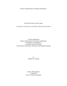 Boston College School of Theology and Ministry French Revolution As Felix Culpa? Conceptions of Providence in the Wake of the Fr