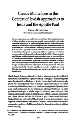 Claude Montefiore in the Context of Jewish Approaches to Jesus and the Apostle Paul