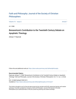 Bonaventure's Contribution to the Twentieth Century Debate on Apophatic Theology